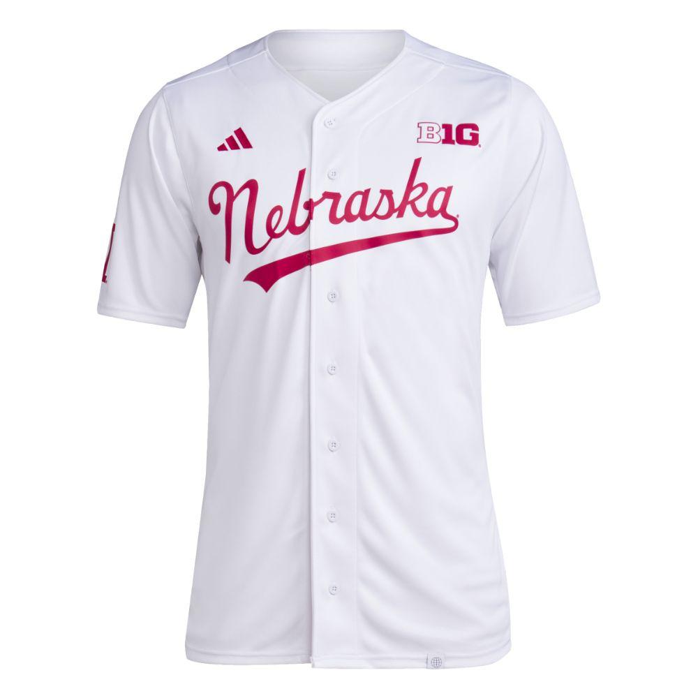 Huskers | Nebraska Adidas Full Button Script Baseball Jersey Hall