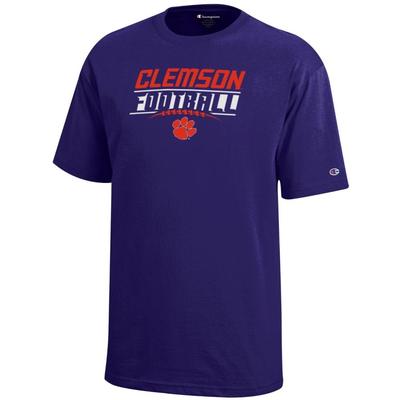 Clemson Champion YOUTH Wordmark Over Football Laces Tee C_PURPLE