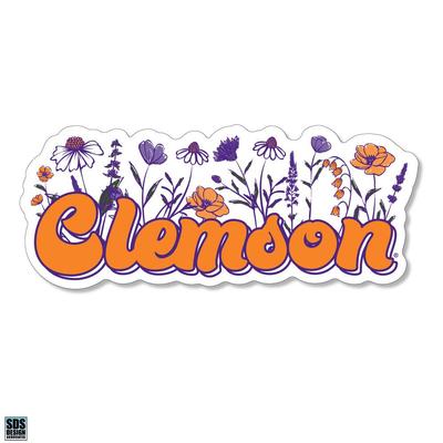 Clemson 3.25 Inch Wildflowers Script Rugged Sticker Decal
