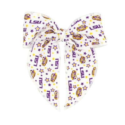 LSU Wee Ones Medium Signature Collegiate Logo Print Fabric Bowtie With Knot and Tails