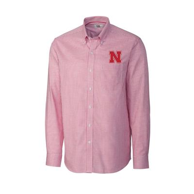 Nebraska Cutter & Buck Men's Tattersall Woven Dress Shirt