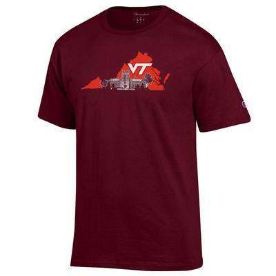 Virginia Tech Champion Men's State Building Logo Tee MAROON
